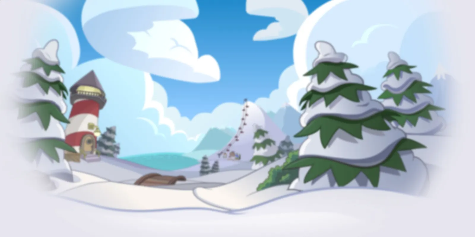 A snowy Club Penguin landscape with a striped lighthouse, snow-covered trees and a ski hill with a chairlift