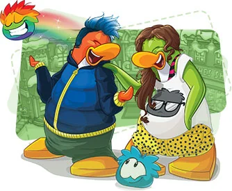 Two penguins laughing together, with a blue puffle at their feet and a rainbow puffle flying past