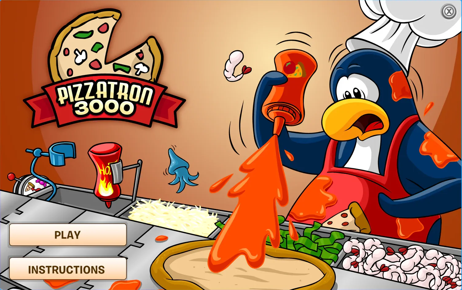 The Pizzatron 3000 title screen: a penguin chef squirting hot sauce onto a pizza on the conveyor belt