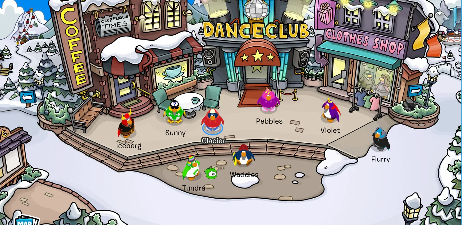 Penguins in the Town, outside the Coffee Shop, the Dance Club and the Clothes Shop